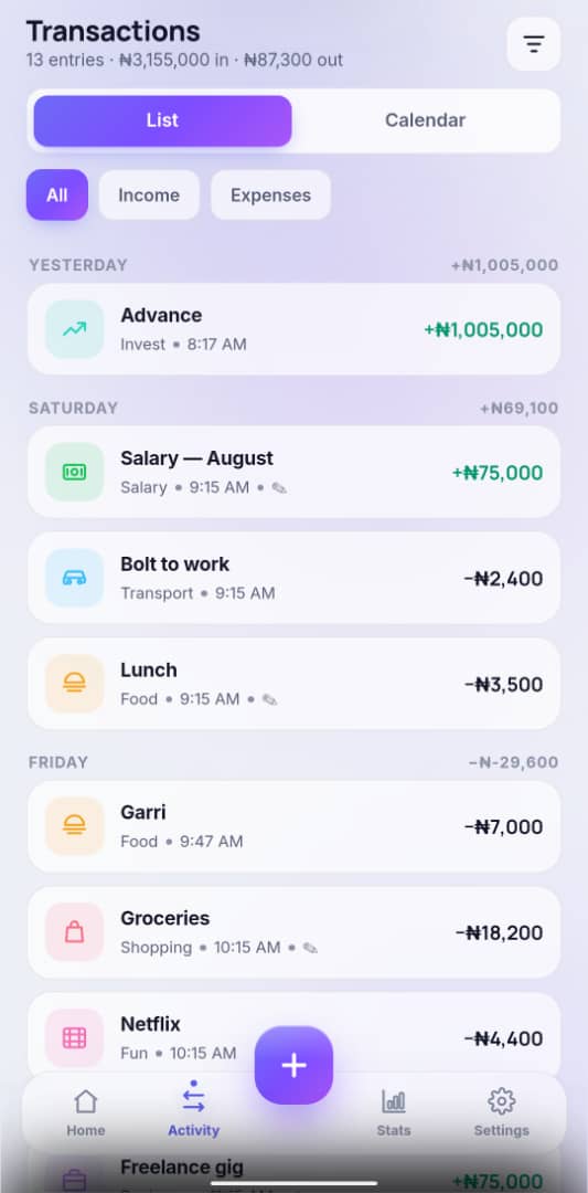 BudgetNudge activity list with filters and transaction entries