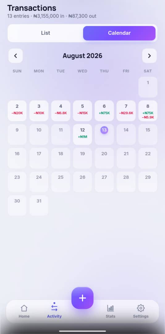 BudgetNudge calendar view of August 2026 with daily totals