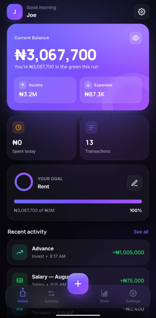 BudgetNudge dashboard showing current balance, goal progress, and recent activity